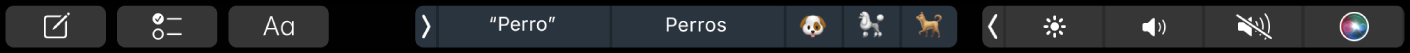 Touch Bar de Notas con los botones para crear una nota nueva, agregar una lista de comprobación y editar texto. También hay botones mostrando sugerencias de escritura.
