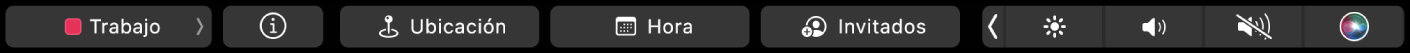 Touch Bar de Calendario con los botones para seleccionar calendarios, ver los detalles de los eventos, editar la ubicación o la hora, y agregar invitados.