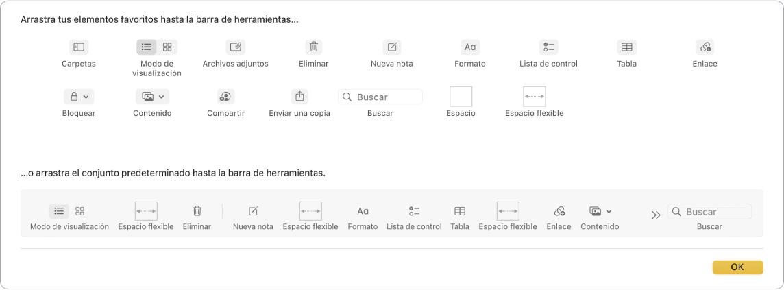 Una ventana de Notas mostrando las opciones disponibles para personalizar la barra de herramientas.