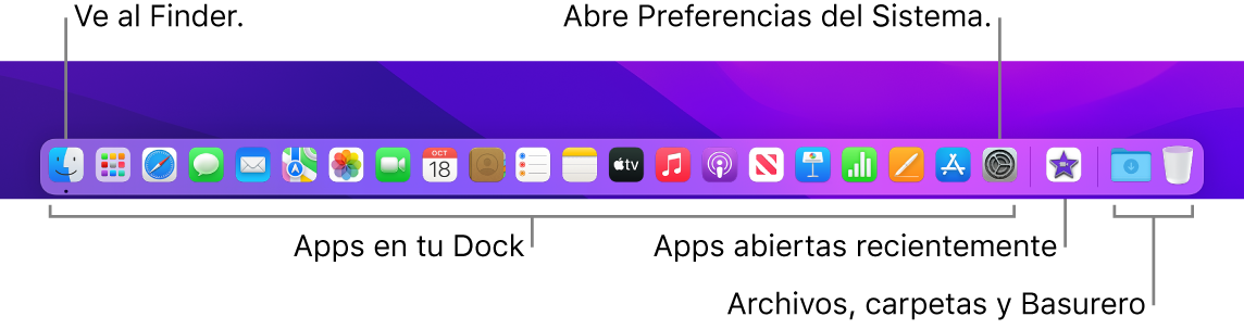 El Dock mostrando el Finder, Preferencias del Sistema y la línea que divide las apps de las carpetas y archivos.