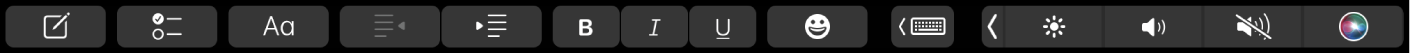 Touch Bar de Notas con los botones de formato de texto. Los controles de formato incluyen alinear a la izquierda o derecha, negritas, cursiva y subrayar. También hay un botón para mostrar las sugerencias de escritura.