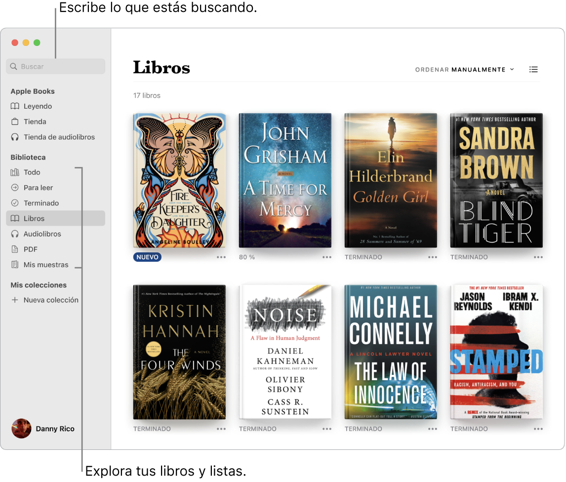 Una ventana de la app Libros donde se muestra cómo ver libros, explorar contenido seleccionado y realizar búsquedas.