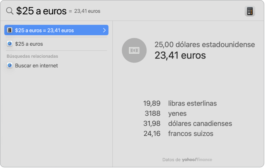 Una captura de pantalla con dólares convertidos en pesos con un mejor resultado que muestra la conversión y varios resultados que puedes seleccionar.