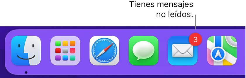 Sección del Dock donde se muestra el icono de la app Mail con un indicador que señala los mensajes no leídos.