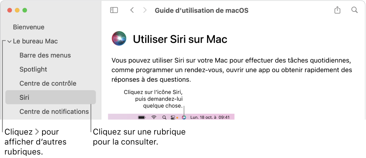 Visualisation Aide indiquant comment afficher les rubriques situées dans la barre latérale et comment afficher le contenu d’une rubrique.