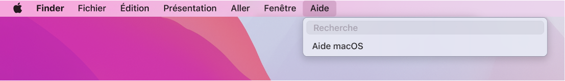 Un bureau partiel avec un menu Aide ouvert, affichant les options de menu Recherche et Aide macOS.