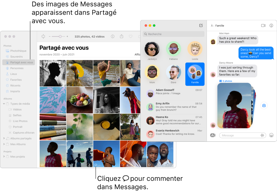 Une conversation Messages sur la droite avec une pile de photos, et la section « Partagé avec vous » d’une fenêtre Photos montrant les photos partagées depuis l’app Messages.