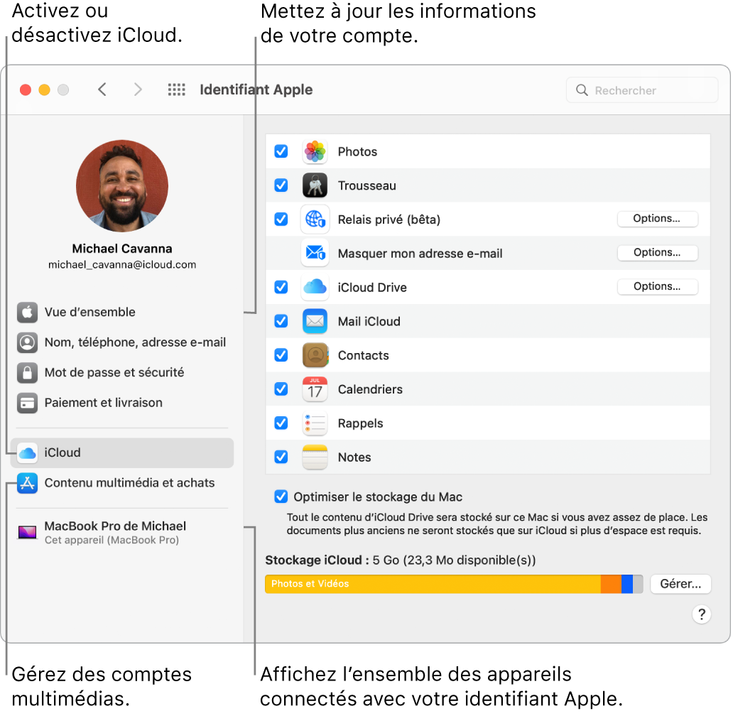 La sous-fenêtre « Identifiant Apple » de « Préférences Système ». Cliquez sur un élément de la barre latérale pour mettre à jour les données de votre compte, activer ou désactiver iCloud, gérer les comptes multimédias ou voir tous les appareils connectés avec votre identifiant Apple.