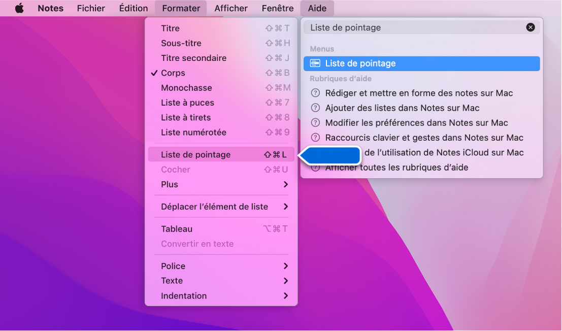 Le menu d’aide présentant une recherche dont le terme est « liste » et la commande « Liste à puces » surlignée dans la liste des résultats et dans le menu Format.