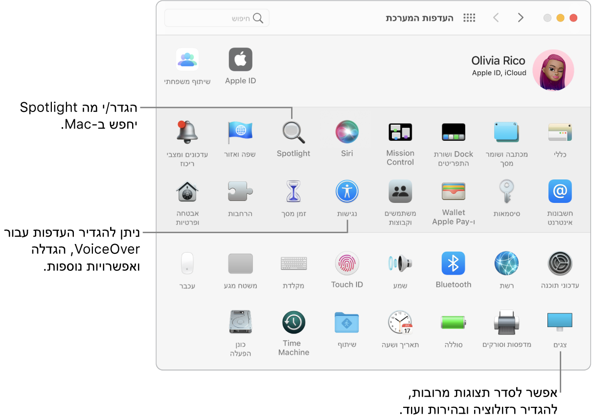 חלון ״העדפות המערכת״, עם הסברים להעדפות “צגים”, “נגישות” ו-Spotlight.