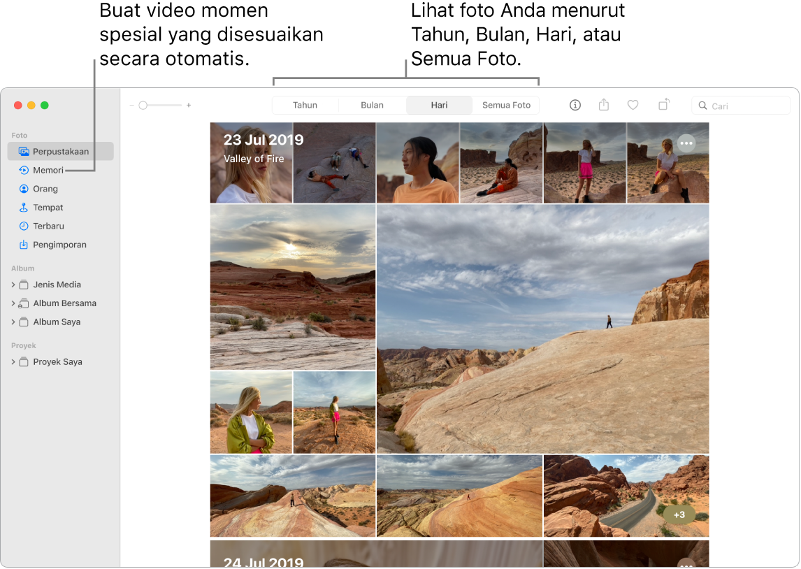 Jendela Foto menampilkan fitur Memori di bar samping kiri dan menu pop-up di bagian atas jendela Foto, tempat Anda dapat melihat foto di album Anda menurut hari, bulan, dan tahun.