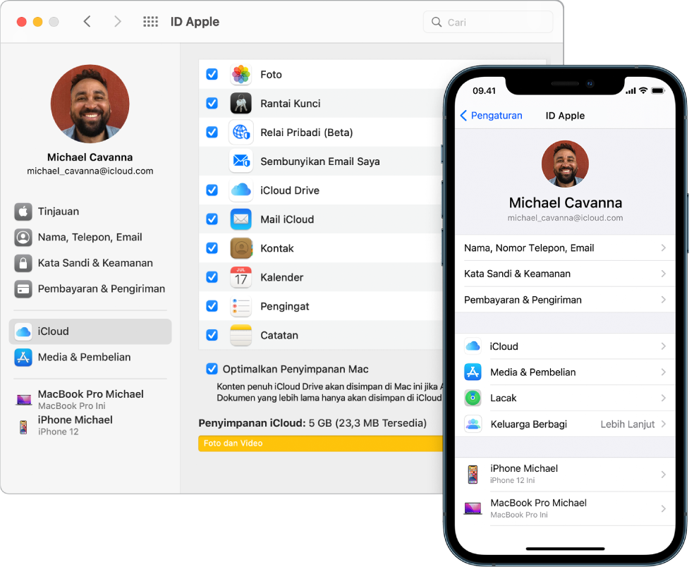 Pengaturan iCloud di iPhone dan jendela iCloud di Mac.
