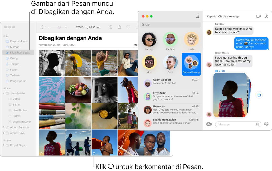 Percakapan Pesan di sebelah kanan dengan tumpukan foto dan bagian Dibagikan dengan Anda dari jendela Foto menampilkan foto yang dibagikan dari app Pesan.