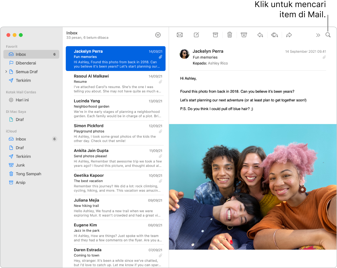 Jendela Mail menampilkan bar samping di kiri dengan Favorit, Kotak Mail Cerdas, dan folder iCloud, daftar pesan di samping bar samping, dan konten pesan yang dipilih di kanan.