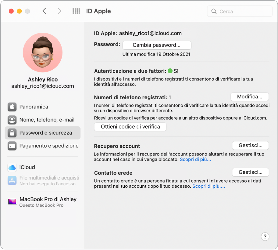 La sezione “Password e sicurezza” di ID Apple in Preferenze di Sistema. Fai clic su Gestisci per configurare “Recupero account”.