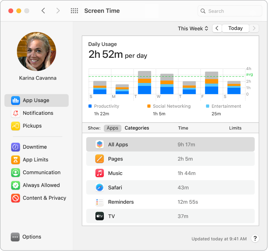 „Screen Time“ langas, rodantis laiką, praleistą įvairiose programose.