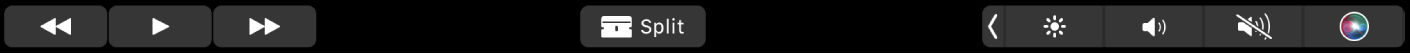 Lietotnes iMovie josla Touch Bar filmas atskaņošanas laikā. Ir redzamas pārtīšanas atpakaļ, atskaņošanas, pārtīšanas uz priekšu, sadalīšanas un skaļuma pogas.