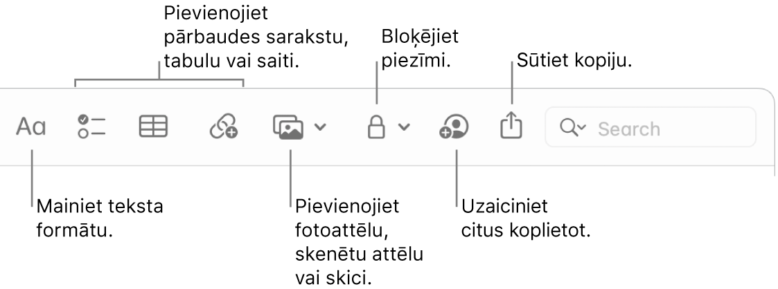 Lietotnes Notes rīkjosla ar remarkām pie teksta formatēšanas, pārbaudes sarakstu, tabulu, saišu, fotoattēlu/mediju, bloķēšanas, koplietošanas un kopiju sūtīšanas rīkiem.