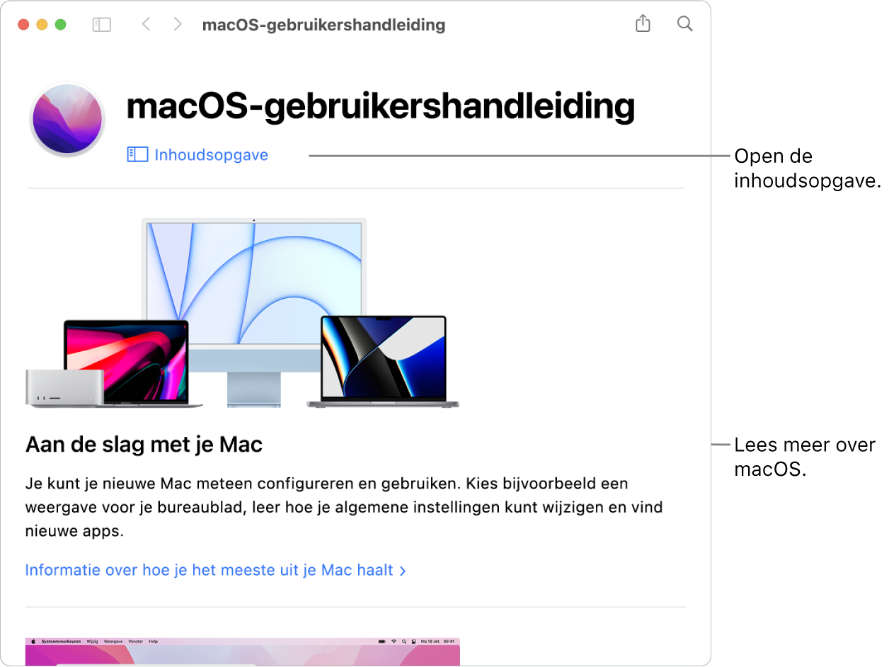 De welkomstpagina van de macOS-gebruikershandleiding met de link 'Inhoudsopgave'.