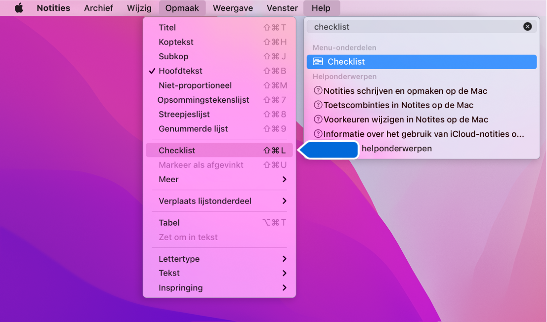 Het Help-menu met een zoekopdracht "lijst" met het commando 'Lijst met opsommingstekens' gemarkeerd in de lijst met resultaten en in het Opmaak-menu.