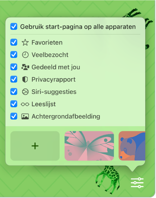 Het venstermenu 'Pas Safari aan' met aankruisvakken voor 'Favorieten', 'Veelbezocht', 'Privacyrapport', 'Siri-suggesties', 'Leeslijst' en 'Achtergrondafbeelding'.