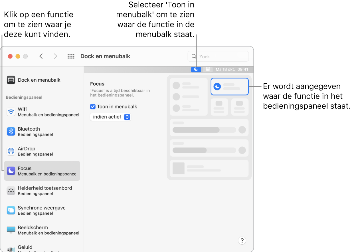 Het paneel 'Dock en menubalk' in Systeemvoorkeuren, met bijschriften voor 'Focus' en de optionele instellingen en resultaten voor de functie.