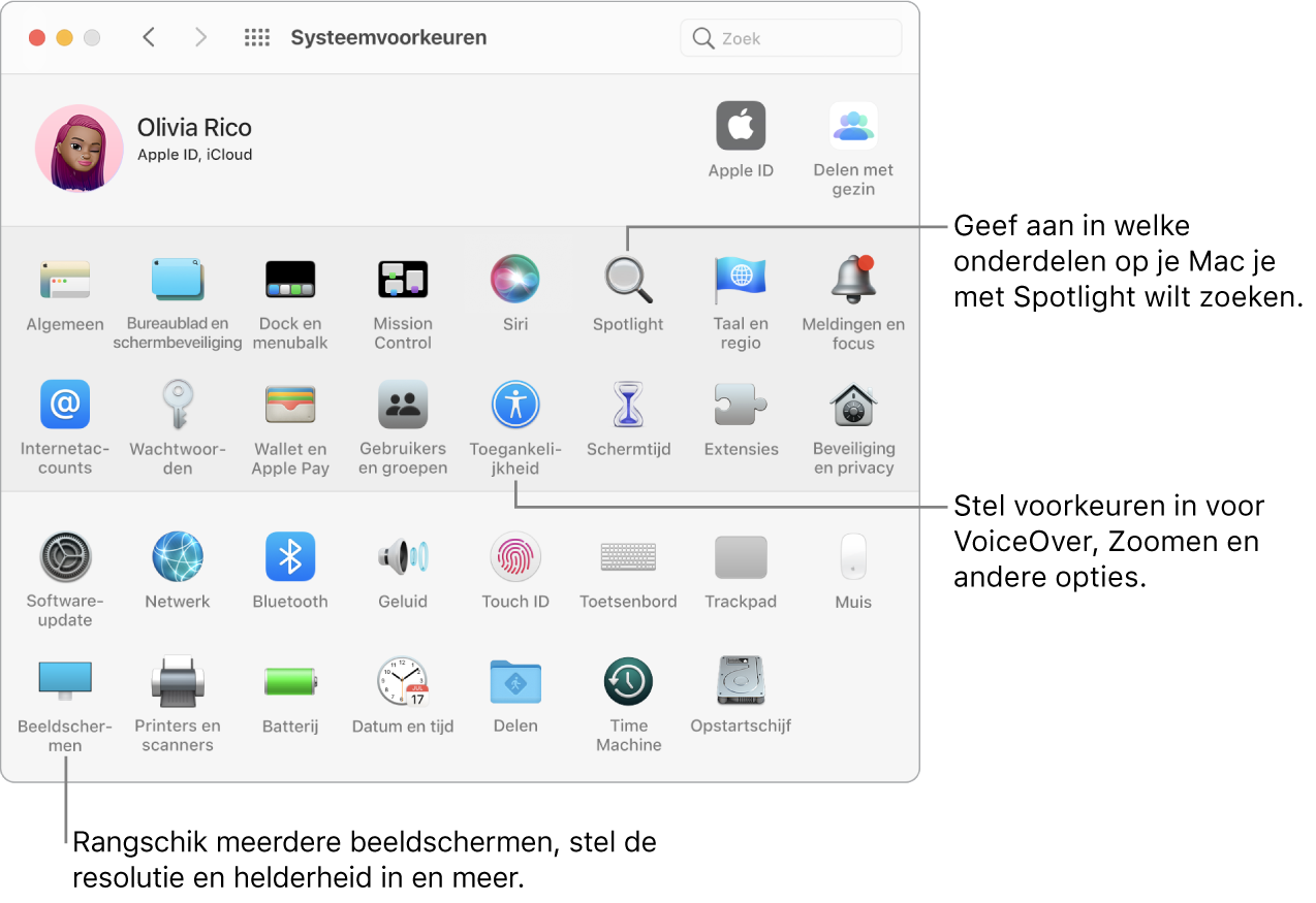 Het venster 'Systeemvoorkeuren' met bijschriften voor de panelen 'Spotlight', 'Toegankelijkheid' en 'Beeldschermen'.