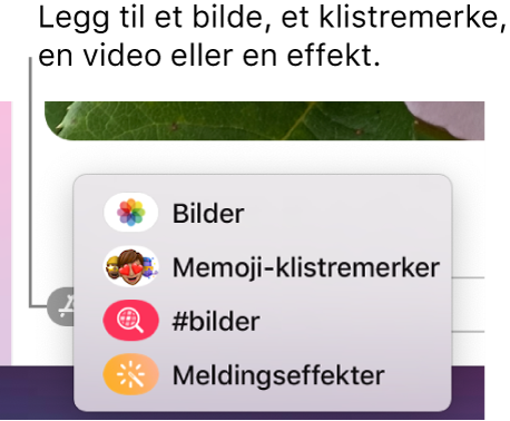 Apper-menyen, med valg for å vise bilder, Memoji-klistremerker, GIF-er og meldingseffekter.