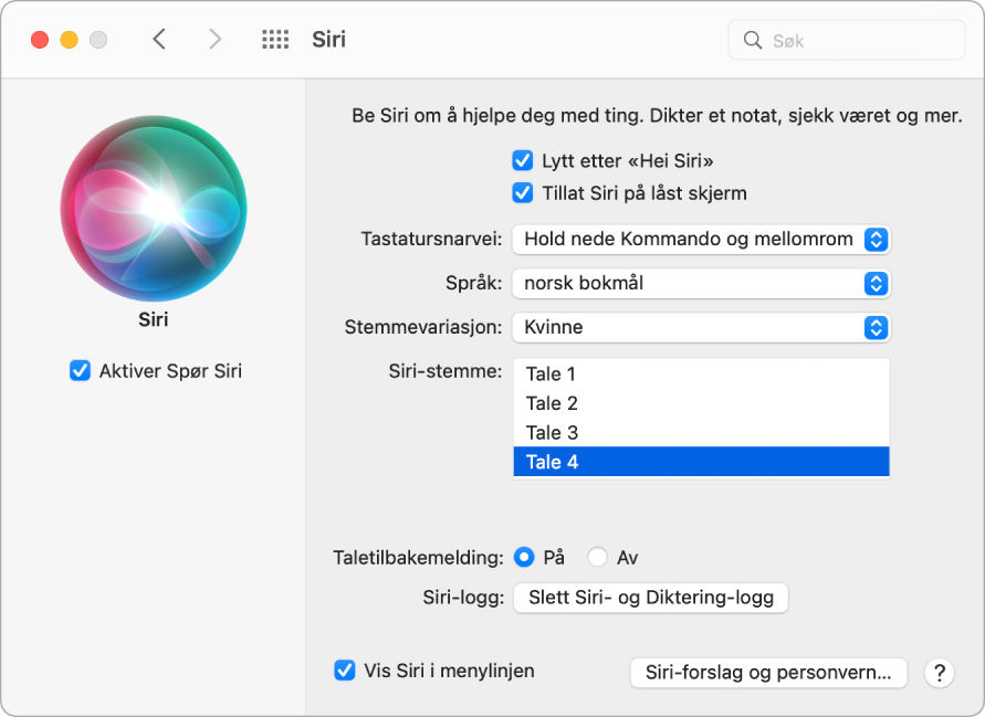 Siri-valg-vinduet med Aktiver Spør Siri markert til venstre og flere valg for tilpassing av Siri til høyre, blant annet «Lytt etter ‘Hei Siri’».