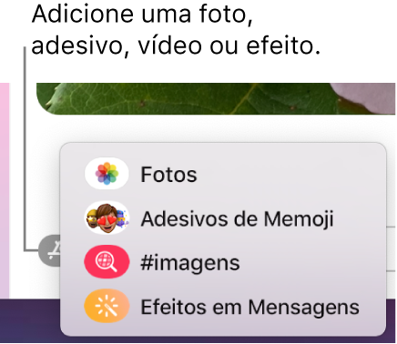 Menu Apps com opções para mostrar fotos, adesivos de Memoji, GIFs e efeitos em mensagens.