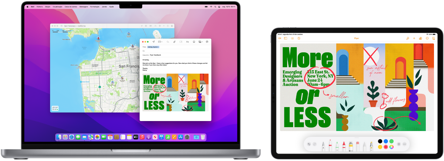 Um MacBook Pro e um iPad são apresentados lado a lado. O ecrã do iPad mostra um panfleto com anotações. O ecrã usado pelo MacBook Pro tem uma mensagem do Mail com um panfleto anotado do iPad como anexo.