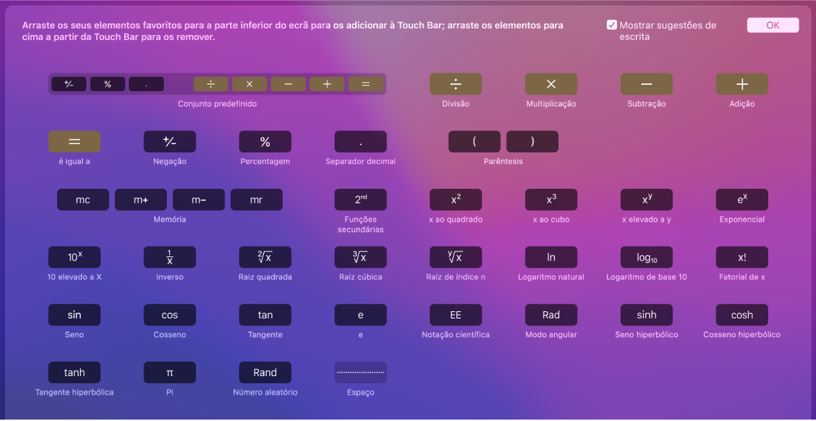 Os elementos na Touch Bar da Calculadora que pode personalizar arrastando-os para a Touch Bar.