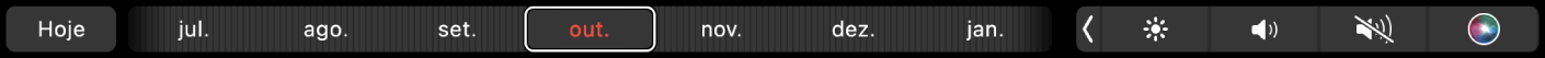 A Touch Bar da aplicação Calendário com o botão Hoje e um nivelador para selecionar o mês.