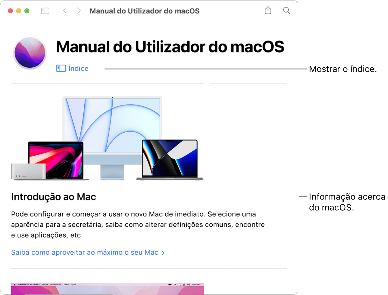 A página de introdução ao Manual do Utilizador do macOS a mostrar a hiperligação “Índice”.