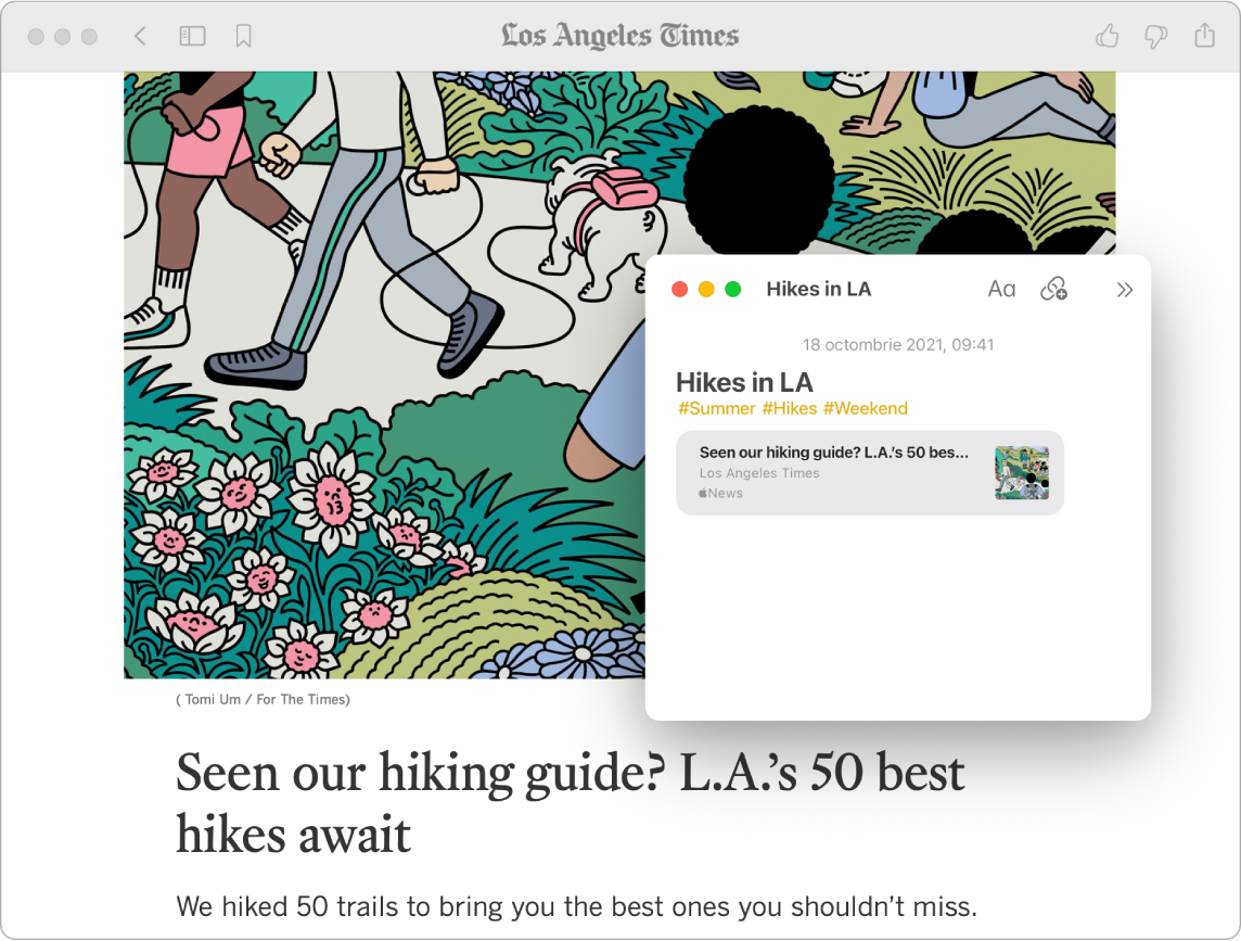 Fereastra News afișând un articol despre drumeții din Los Angeles Times, cu o Notiță rapidă cu titlul “Drumeții în LA” și tagurile #Vară, #Drumeții și #Weekend.