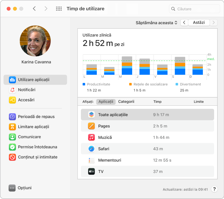 O fereastră Timp de utilizare afișând perioada de timp petrecută cu diverse aplicații.