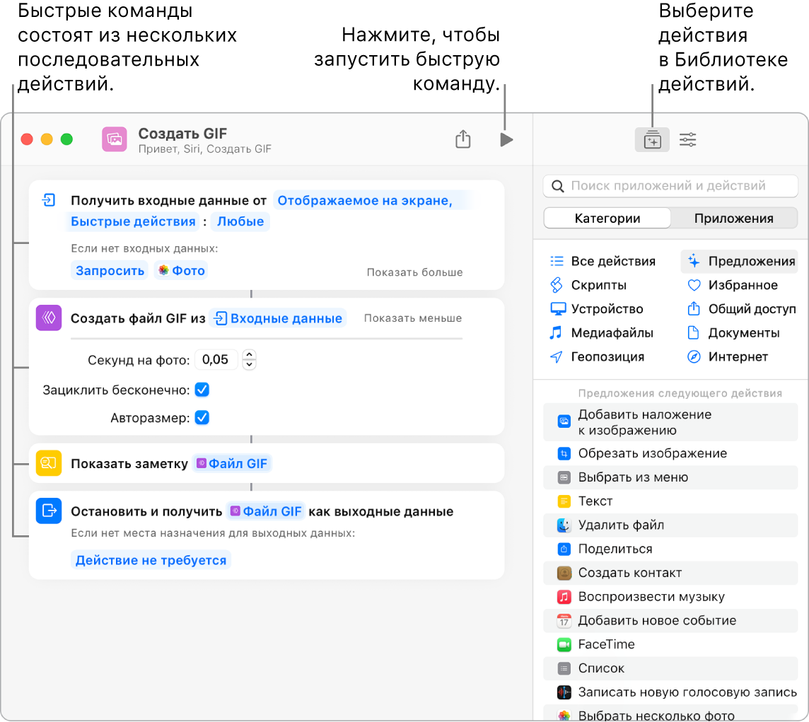 В области редактирования открыта быстрая команда для создания файлов GIF, а справа от нее — библиотека действий.