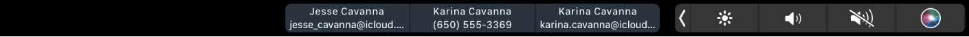 Touch Bar pre FaceTime s tlačidlami na získanie informácií o kontakte.
