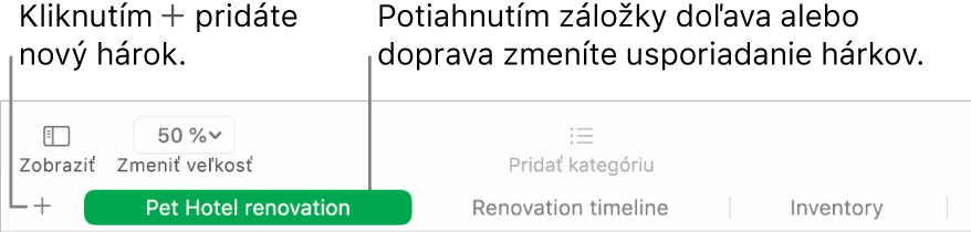 Okno aplikácie Numbers znázorňujúce pridanie nového hárka a zmenu usporiadania hárkov.