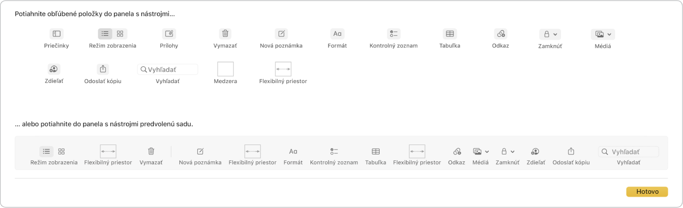 Okno apky Poznámky zobrazujúce, že sú dostupné možnosti prispôsobenia panela s nástrojmi.