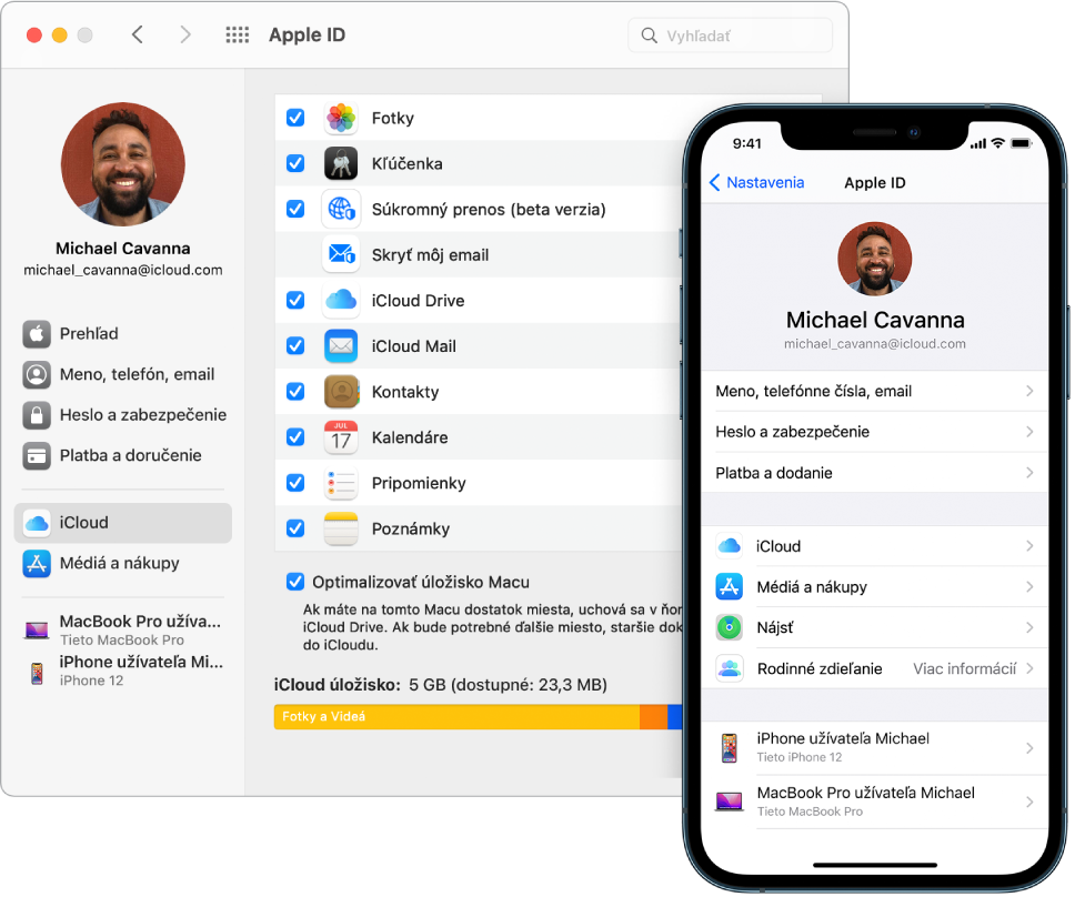 Nastavenia iCloudu na iPhone a okno iCloudu na Macu.