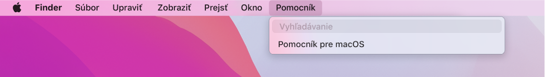 Časť plochy s otvoreným menu Pomocník, v ktorom sú zobrazené možnosti Vyhľadať a Pomocník pre macOS.