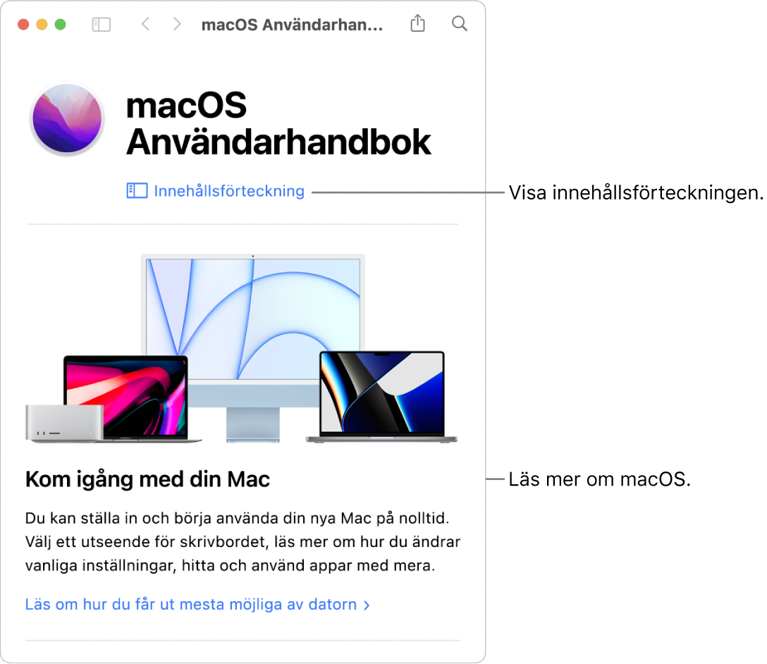 Startsidan i macOS Användarhandbok som innehåller länken till innehållsförteckningen.