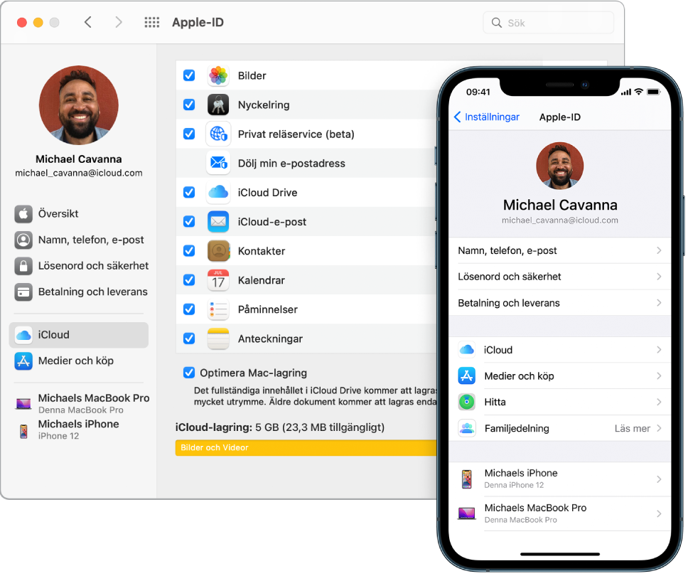 iCloud-inställningar på en iPhone och iCloud-fönstret på datorn.