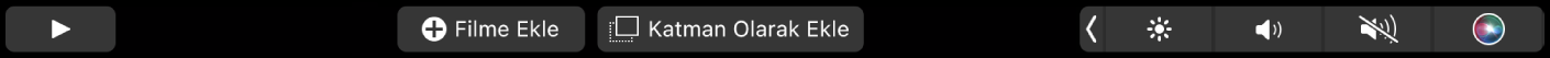 Oynatma, filme ekleme ve katman olarak ekleme düğmelerini gösteren iMovie Touch Bar’ı.