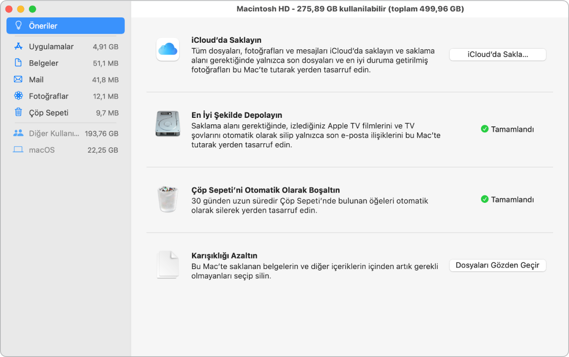iCloud’da Depola, Depolamayı İyi Duruma Getir, Çöp Sepetini Otomatik Olarak Sil ve Karışıklığı Azalt seçeneklerini gösteren depolamaya yönelik Öneriler tercihleri.
