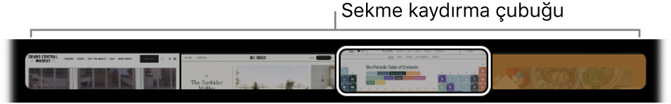 Safari Touch Bar’daki sekme kaydırma çubuğu. Her açık sekmenin kısa bir önizlemesini gösterir.