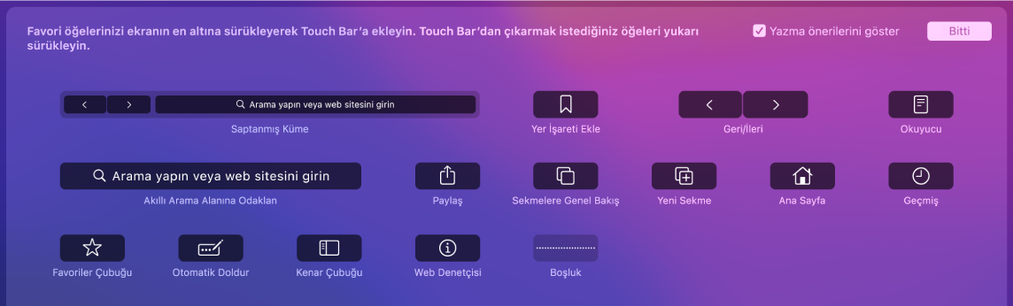 Touch Bar’a sürüklenebilecek Safari’yi Özelleştir seçenekleri.