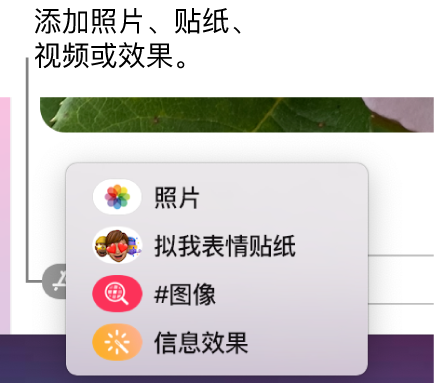 App 菜单，包含的选项可用于显示照片、拟我表情贴纸、GIF 和信息效果。