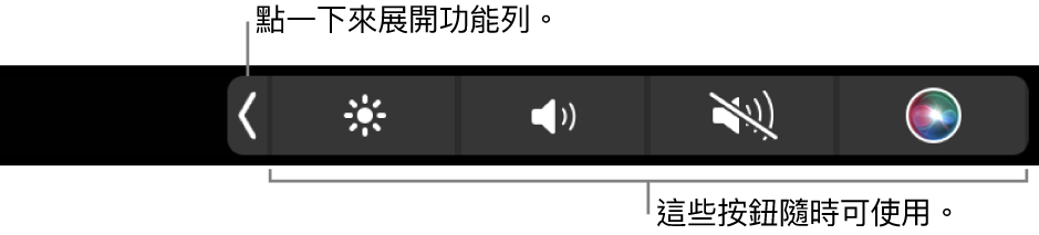 預設觸控列畫面的一部分，顯示收合的功能列。點一下展開按鈕來顯示完整的功能列。